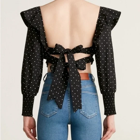 MISA Los Angeles Kayly Black Polka Dot Open Back Ruffle Cotton Crop Top Sz S. 23 - Picture 8 of 11